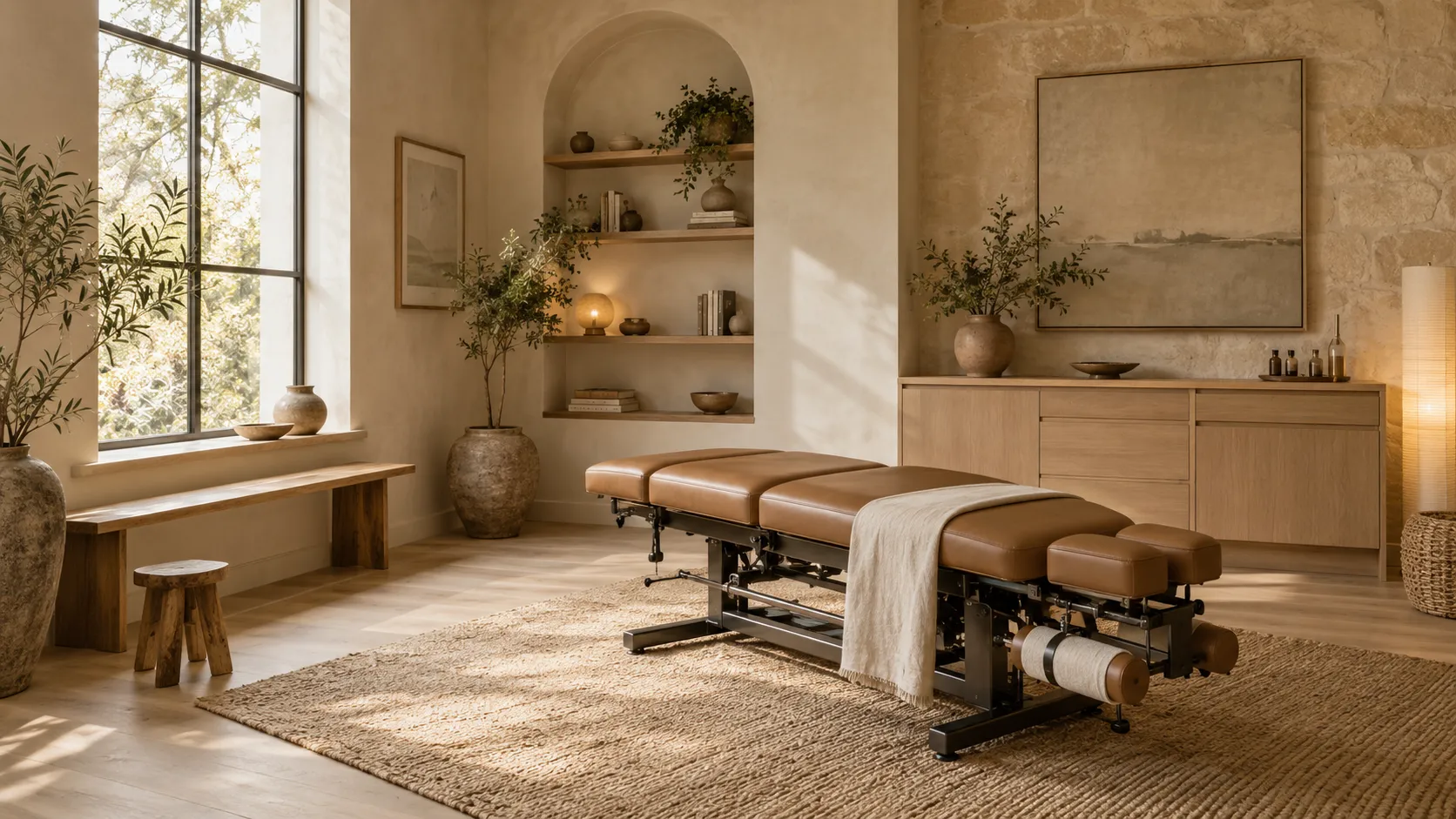 Bright treatment room with a chiropractic table and timber floor