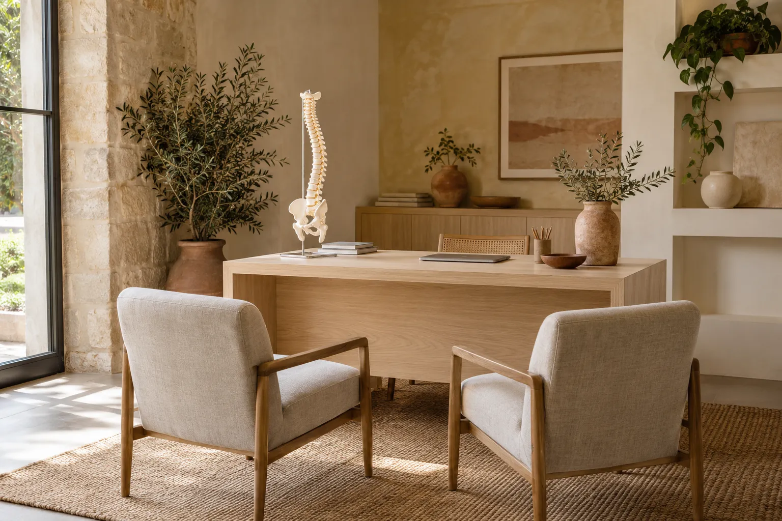 Consultation room with an oak desk, two chairs and an anatomical spine model, ready for a first visit