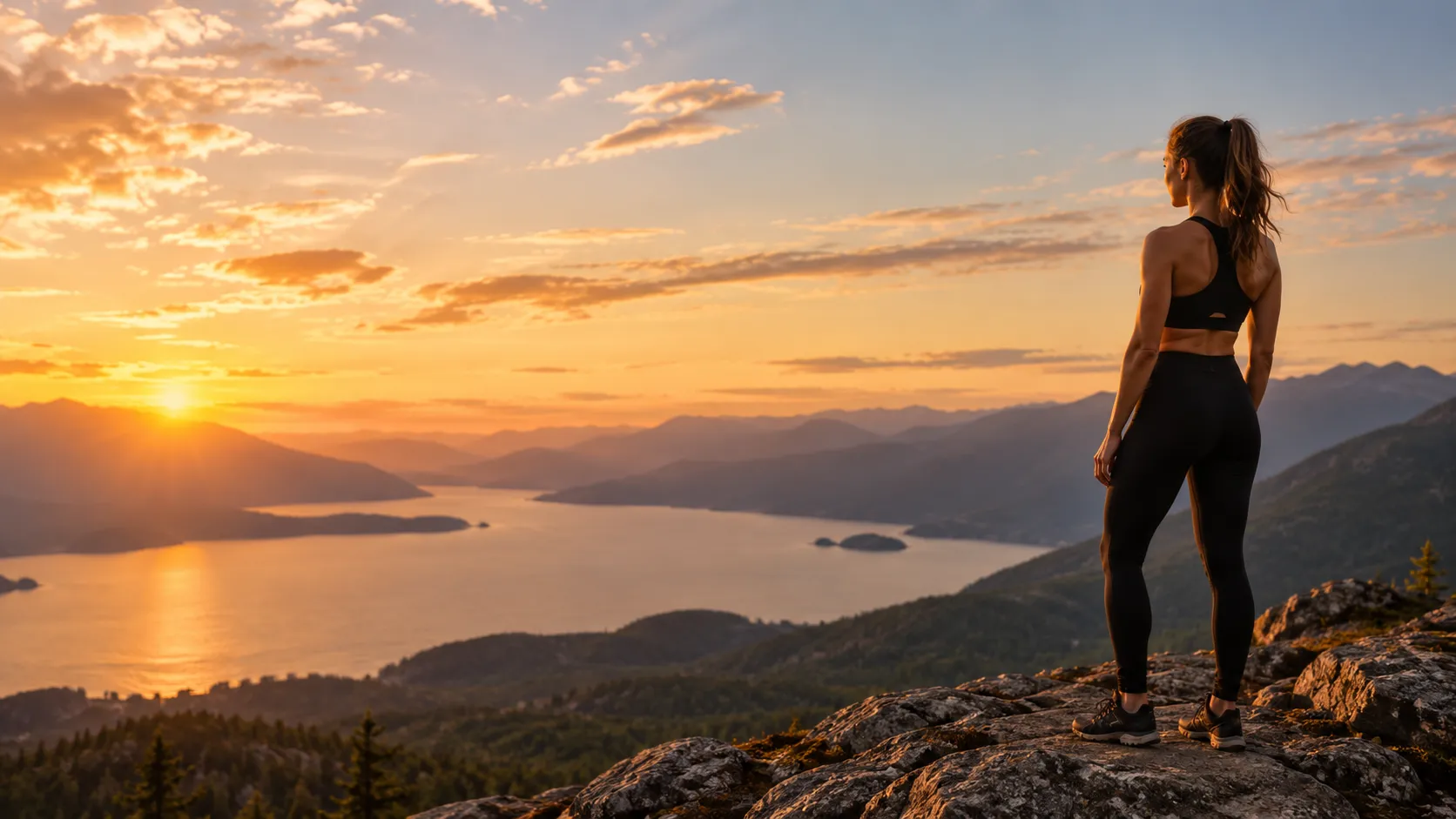 A woman in workout clothes standing on a mountain outcrop at sunset, looking over a valley