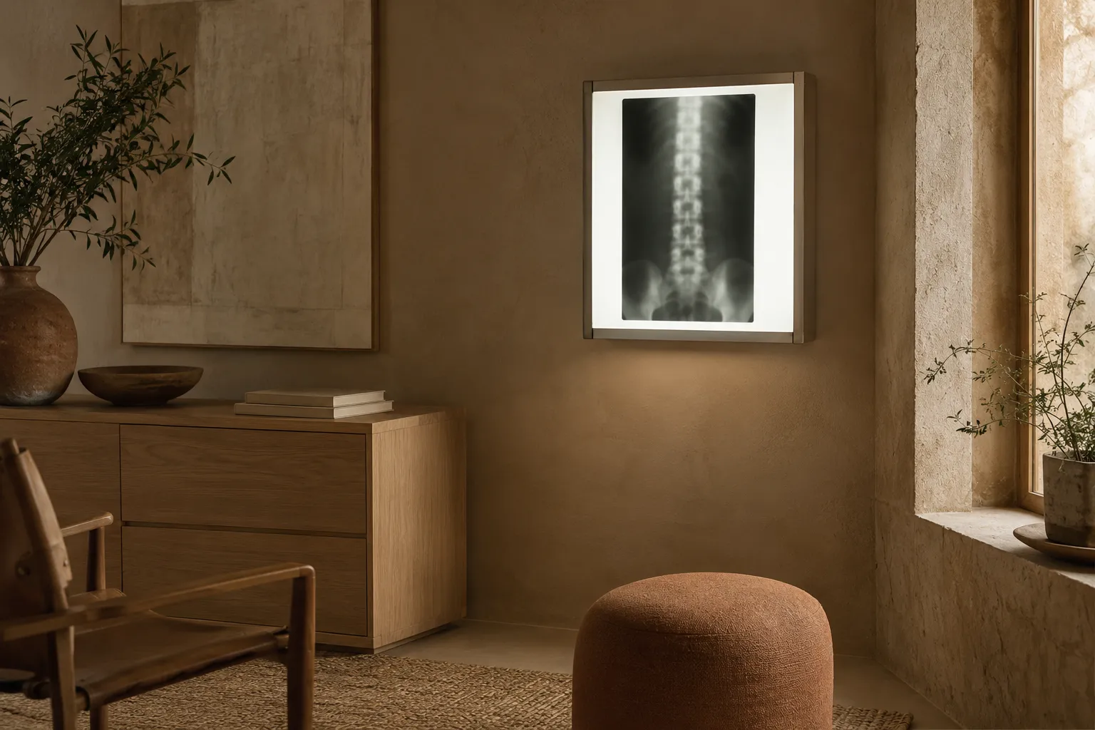Lumbar spine x-ray film lit on a wall-mounted viewing panel